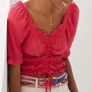 Anthropologie Pink Smocked Ruffle Drawstring Blouse